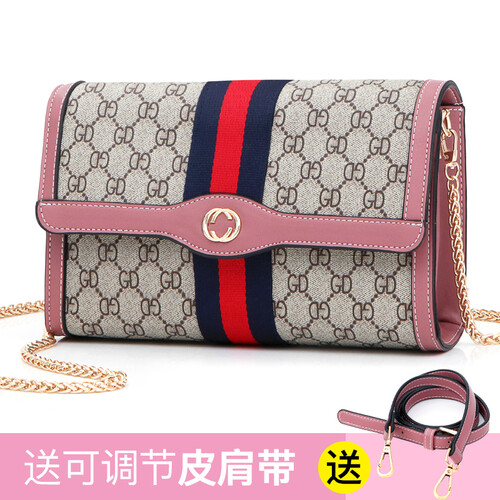 2019夏季新款女包时尚链条单肩包女斜挎包牛皮女士包包印花百搭格纹信封包 GD粉色
