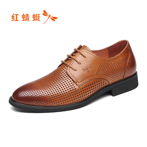 红蜻蜓男鞋 夏季新款皮鞋时尚商务休闲鞋镂空凉鞋系带鞋  WTL80431/32 土黄 42