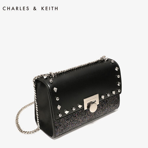 CHARLES&KEITH女包CK2-70780473派对风翻盖式摩登金属链条包单肩包 黑色