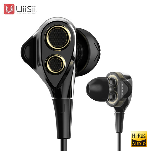 UiiSii 四核双动圈HiFi耳机入耳式 通用重低音炮苹果索尼安卓手机四个喇叭双倍音效带线控可调音 双动圈金色 3.5mm接口版
