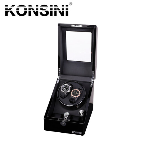 KONSINI摇表器自动表盒手表盒上链盒上弦盒旋转晃表器转表器电动马达盒自动表盒收藏送领导父亲节礼物 2+3表位-黑色高光油漆+黑色皮(五档)