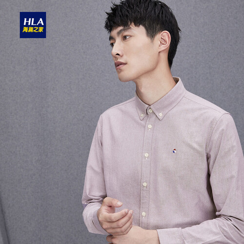 HLA海澜之家牛津纺长袖休闲衬衫简约绣花长袖衬衫男HNEAD3E116A 暗红B6 170/88A