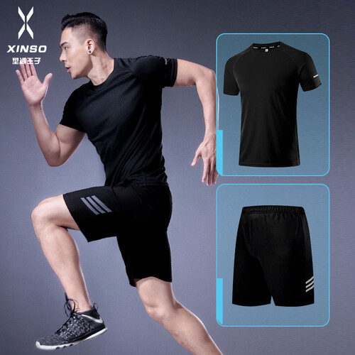 型尚王子 运动套装两件套男夏秋季休闲运动服2019新款健身房短袖短裤跑步速干衣综合训练健身服二件套装 宽松黑短袖短裤二件08 L