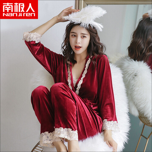 京东超市南极人（Nanjiren）睡衣女 三件套春季长袖睡衣性感韩版清新学生金丝绒秋冬女睡衣 女韩版酒红3件套 L