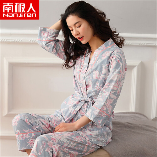 京东超市南极人 纯棉睡衣女日式和服三件套装春秋季可外穿长袖系带休闲家居服夏 女日系浅灰3件套 L