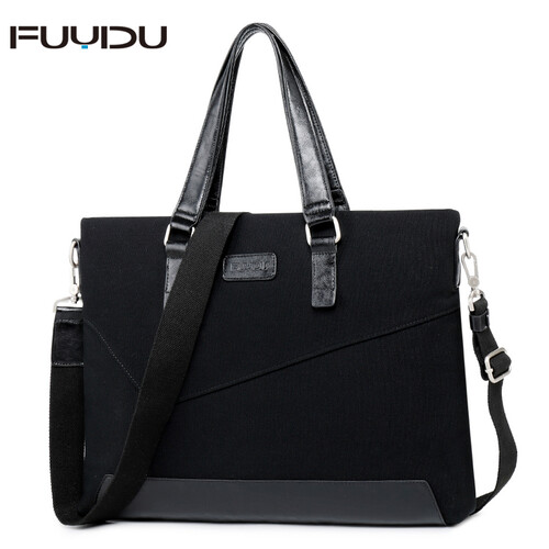 负一度 韩版新款男士手提包帆布横款商务男包文件包公文包15寸电脑包潮男单肩包休闲防水帆布斜挎包 复古黑+30天退换+质量三包