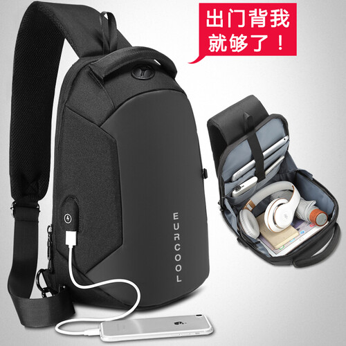 EURCOOL/欧格男士胸包ipad单肩斜挎包休闲背包运动跨包腰包潮流男包 大号新款-黑色【带USB充电接口】