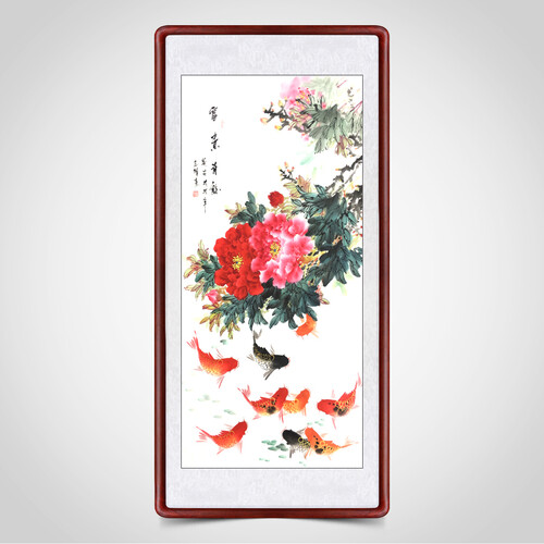 九鱼图玄关装饰画荷花国画九条鲤鱼挂画走廊过道条幅竖幅水墨画招财客厅字画纯手绘真迹连年有余 富贵有余 实木带框83*163厘米