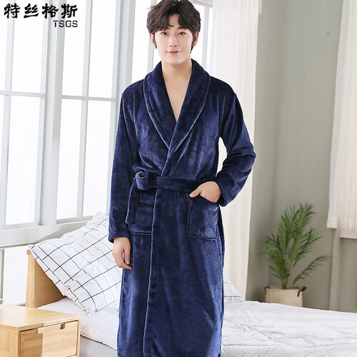 特丝格斯 情侣睡袍睡衣女秋冬法兰绒家居服珊瑚绒男士浴袍浴衣 男藏青 均码