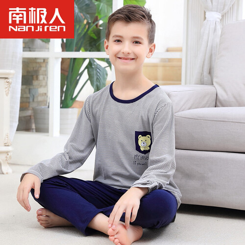 京东超市南极人（Nanjiren）儿童睡衣 男童睡衣纯棉 长袖春秋季小孩大童家居服套装 条纹小熊 150