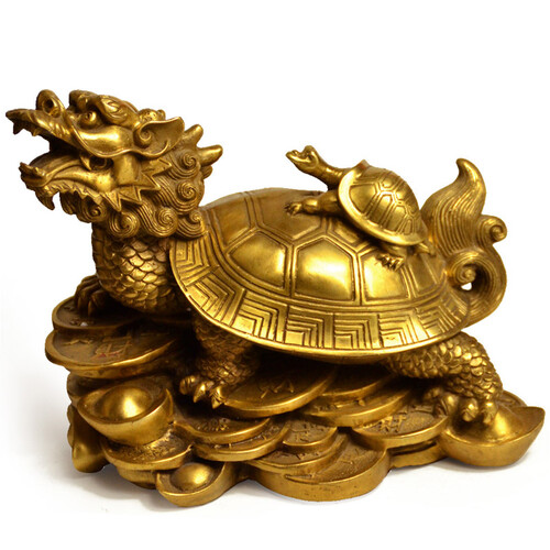 纯铜龙龟摆件风水招财化小人镇家宅手把件办公室家居开业礼品工艺礼品装饰品 长17cm母子龙龟送五帝钱