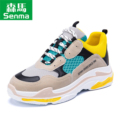 森马 Senma 休闲百搭韩版网面透气运动拼色潮流女鞋情侣228115046 黄绿色 38码
