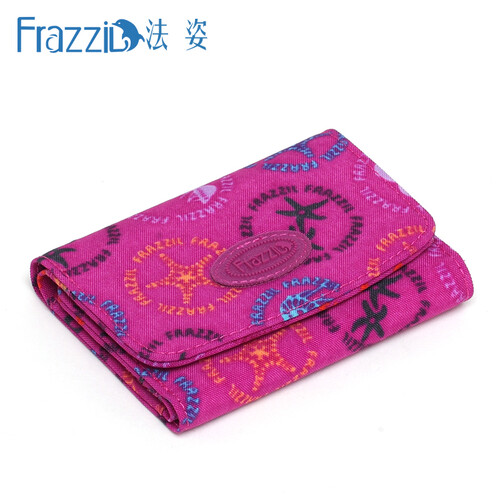 Frazzil/法姿女士短款钱包 欧美时尚尼龙布休闲卡包三折零钱包潮 8013-03 七彩图/紫红