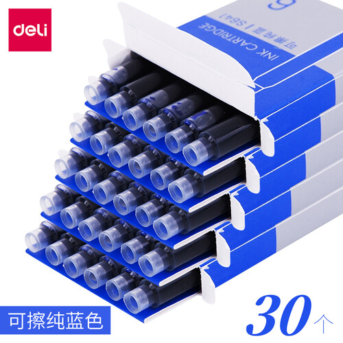得力（deli） 学生矫正握姿钢笔 儿童男孩女孩初学者练字笔墨水笔 可擦纯蓝墨囊 S641(5盒共30支)