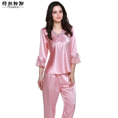 特丝格斯 性感丝绸睡衣女春秋冰丝夏季七分袖女士家居服两件套 虾色 L(码)
