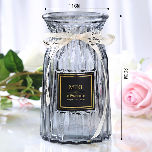 花瓶 创意迷你小玻璃花瓶透明彩色竖棱水培工艺玻璃花瓶客厅装饰插花摆件 浪漫款(烟灰色)