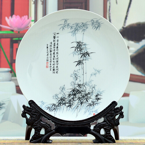 景德镇陶瓷器新中式粉彩装饰盘工艺品客厅摆件家居酒柜装饰品摆设定制P888 咏竹