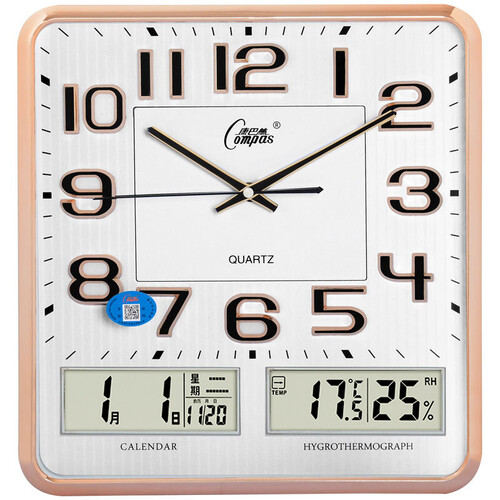 京东超市康巴丝（COMPAS）挂钟中式双日历时钟古典挂表电子静音客厅石英钟 2984 香槟色