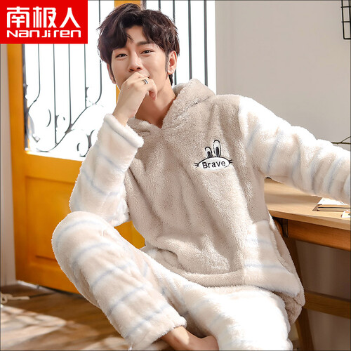 京东超市南极人 睡衣男可外穿套头圆领珊瑚绒秋冬长袖加厚法兰绒家居服套装N675X21031-22 男款萌兔 L