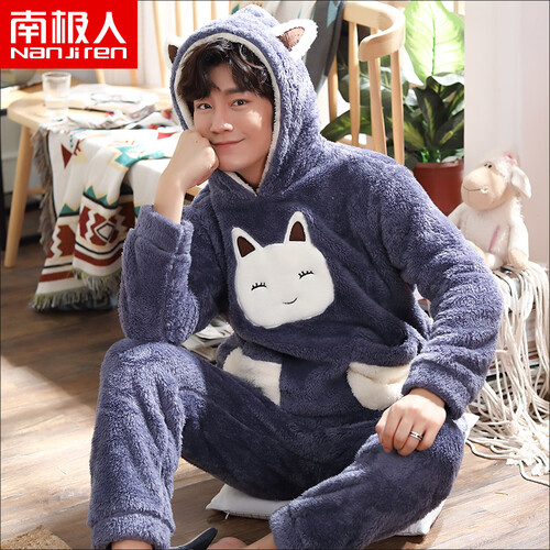 京东超市南极人 睡衣男可外穿套头圆领法兰绒秋冬长袖加厚珊瑚绒家居服套装N675X21031-21 男款猫咪 XXXL