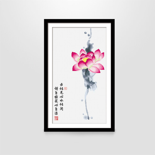 ks十字绣专卖清新印花布棉线系列线绣新款客厅卧室书房竖版挂画植物荷花墨荷 清新印花 埃及长绒棉 4股线绣 85*52