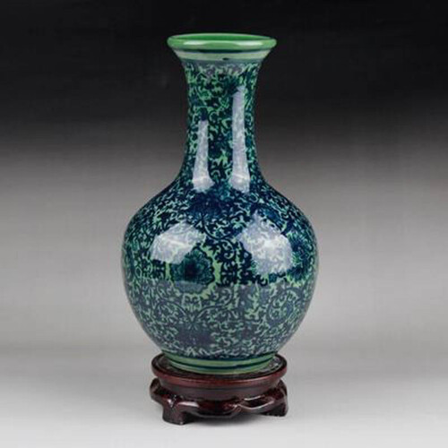 景德镇陶瓷器仿古青花瓷小花插花瓶家居装饰品博古架电视柜台面摆件 赏瓶 带底座