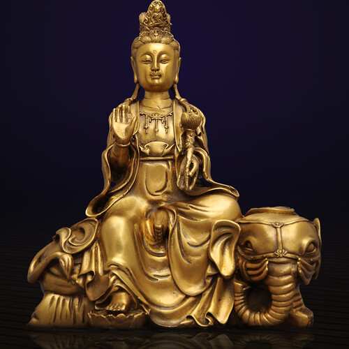 黄铜文殊菩萨普贤菩萨摆件华严三圣居家佛堂寺庙供奉佛像工艺品 8.8寸普贤菩萨