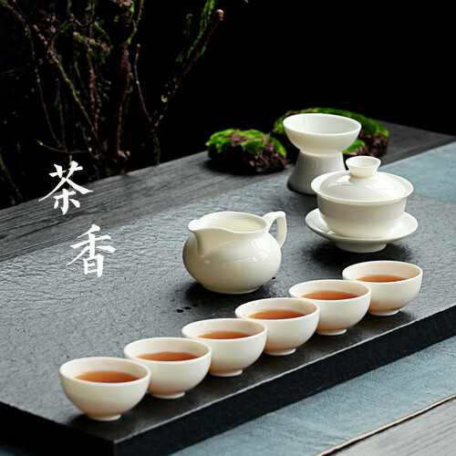 德化白瓷茶具套装 陶瓷家用客厅现代简约办公室整套功夫茶具盖碗茶杯泡茶器 盖碗茶杯套装(不含茶叶罐)