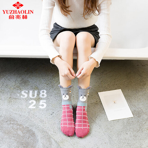 俞兆林（YUZHAOLIN） 可爱袜子立体耳朵卡通袜女纯棉女士棉袜韩版女生毛绒羽毛纱 小熊兔子4双装