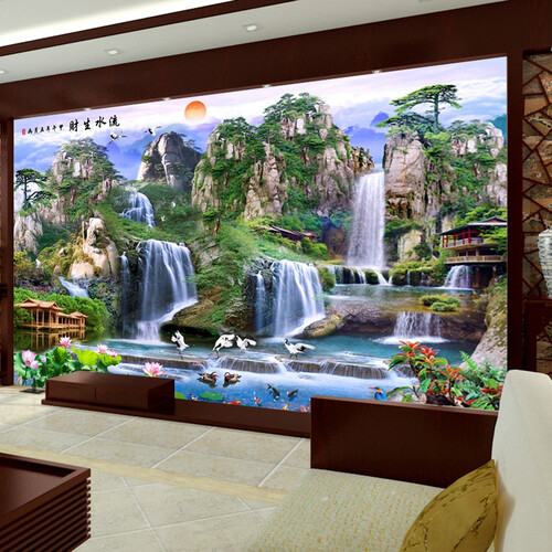 十字绣客厅新款迎客松流水生财山水风景画满钻钻石画大幅精准印花十字秀 3股线绣 法国进口丝线 195X125 CM满绣