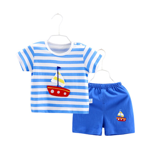 齐齐熊 0-1-3岁男女宝宝短袖套装婴儿夏装纯棉卡通T恤短裤两件套 1718浅蓝色 100cm建议身高92-98cm