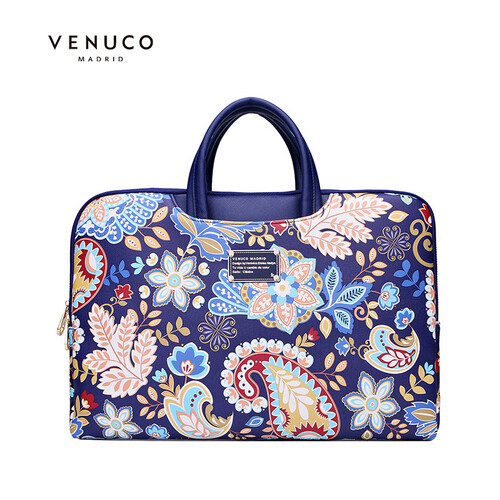 VENUCO14寸印花笔记本电脑包女时尚公文包复古大容量办公商务手提包 宝蓝色(预售9.20发货)