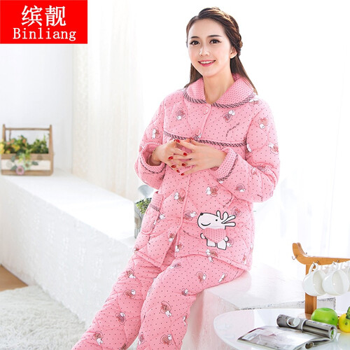 缤靓冬天针织夹棉睡衣女士冬季加厚三层长袖棉袄梭织加大码家居服套装 套装8831粉色 XXL