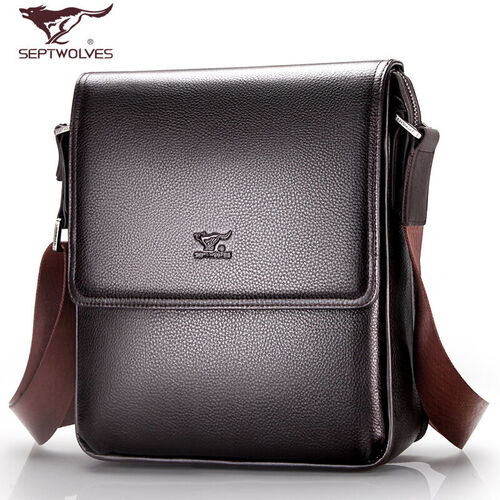七匹狼(SEPTWOLVES )男包单肩包真皮男士公文包头层牛皮商务休闲斜跨包翻盖背包 咖色小号22*25*8CM