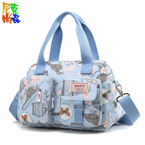 尼克尚品尼龙手提包女印花潮流包休闲尼龙单肩斜挎包女士轻便牛津布包 浅蓝梅花