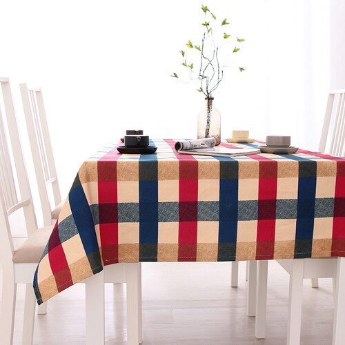 喜欢屋纯棉田园几何棉麻餐桌布艺 红蓝格 140cm*220cm(大餐桌常用)