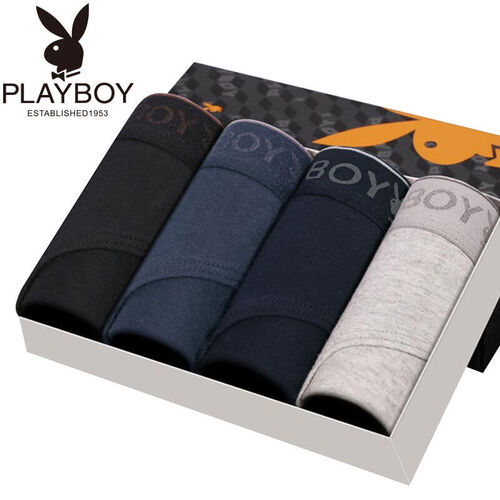 花花公子(PLAYBOY)3706男士内裤男三角裤纯棉中腰纯色弹力宽松短裤4条 黑色+灰色+宝蓝+灰蓝 XXL