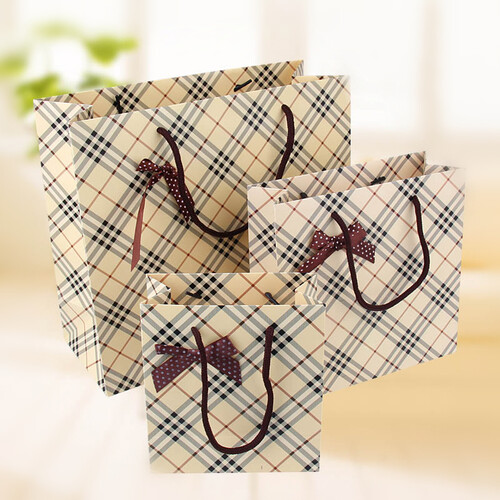 佰趣高档肉色格子手提礼品袋纸袋手提袋礼品包装袋服装袋子 肉色格子 20*20*8中号