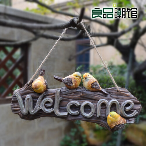 户外花园庭院别墅门牌壁饰树脂店铺welcome欢迎牌田园乡村装饰吊牌园林造景 大号4鸟欢迎牌