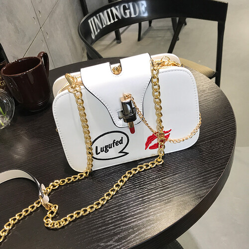 maja单肩包女女士包包女包小包斜挎包新款时尚金属链条包小方包涂鸦口红挎包韩版学生 白色