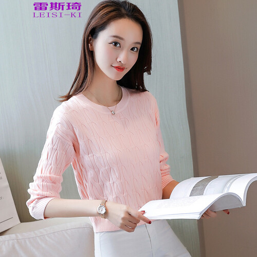 雷斯琦 针织衫女毛衣女学生秋冬装短款宽松圆领长袖套头针织打底衫女装 粉红色 M