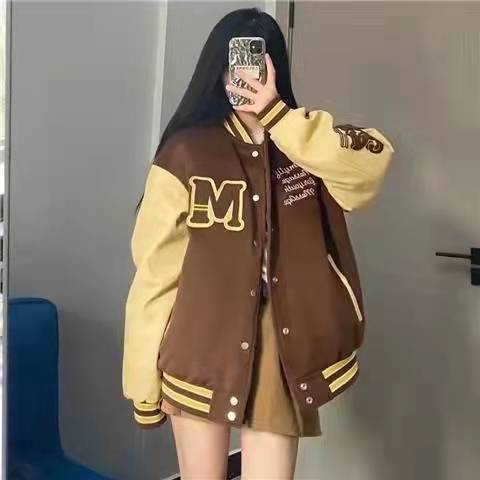 棒球服外套女春季新款男女美式接头复古宽松学院风夹克情侣款潮藏蓝色