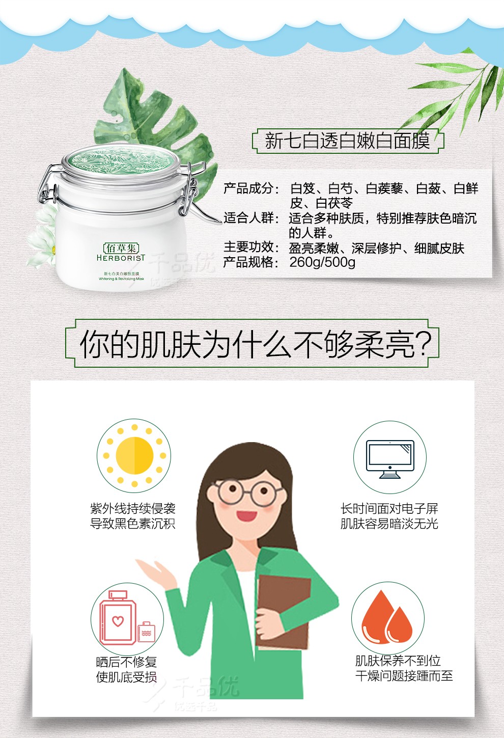 佰草集（HERBORIST） 面膜泥膜女新七白大白泥嫩肤美白百草集收缩滋润毛孔化妆护肤品 大白泥500g*1瓶