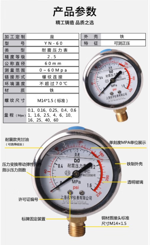 yn60耐震压力表径向0-1.