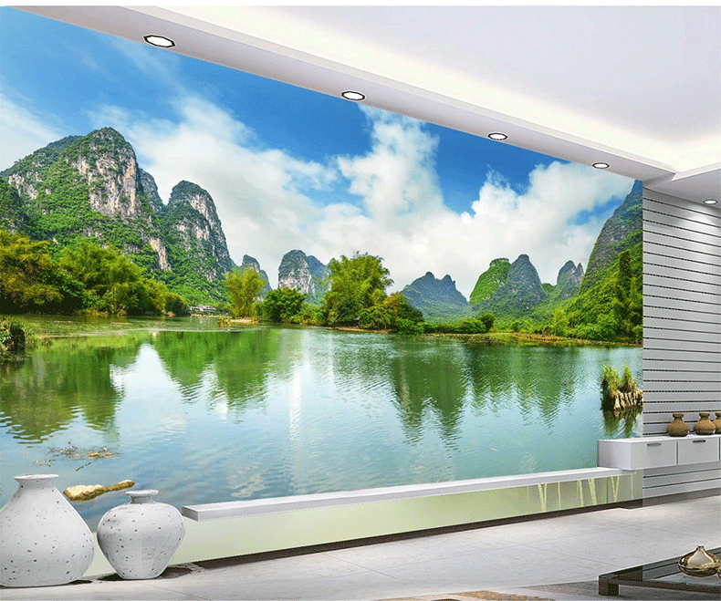 xne)江南山水客厅电视背景墙壁纸山清水秀壁画卧室墙纸桂林山水风景画