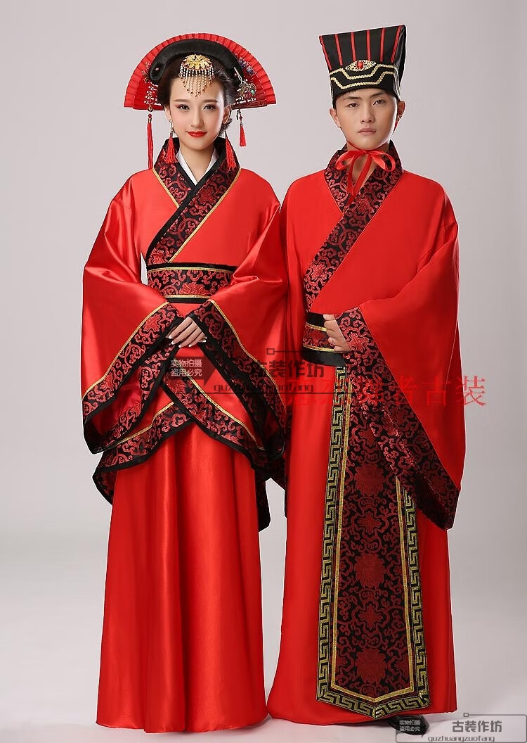 中式婚礼古代婚服红色新娘新郎嫁衣拖尾汉服男女结婚汉唐古装服装2020