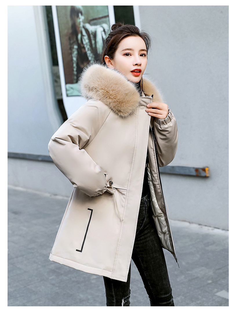 工装派克羽绒服女2020冬季新款韩版显瘦收腰中长款白鸭绒外套 杏色m