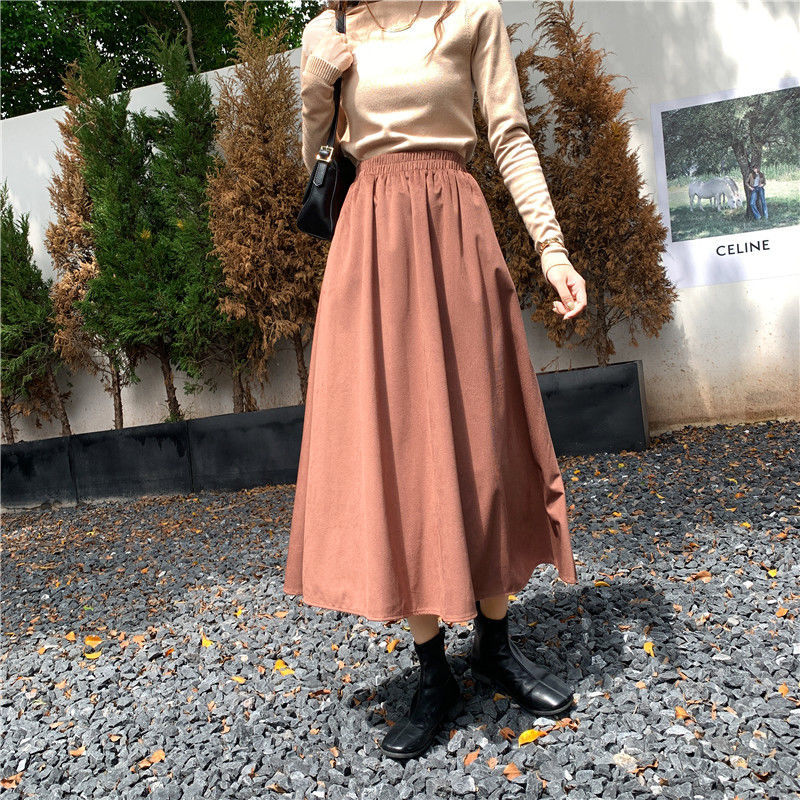 加厚秋冬半身裙女2021高腰显瘦中长款两侧口袋伞裙咖啡色均码80135斤