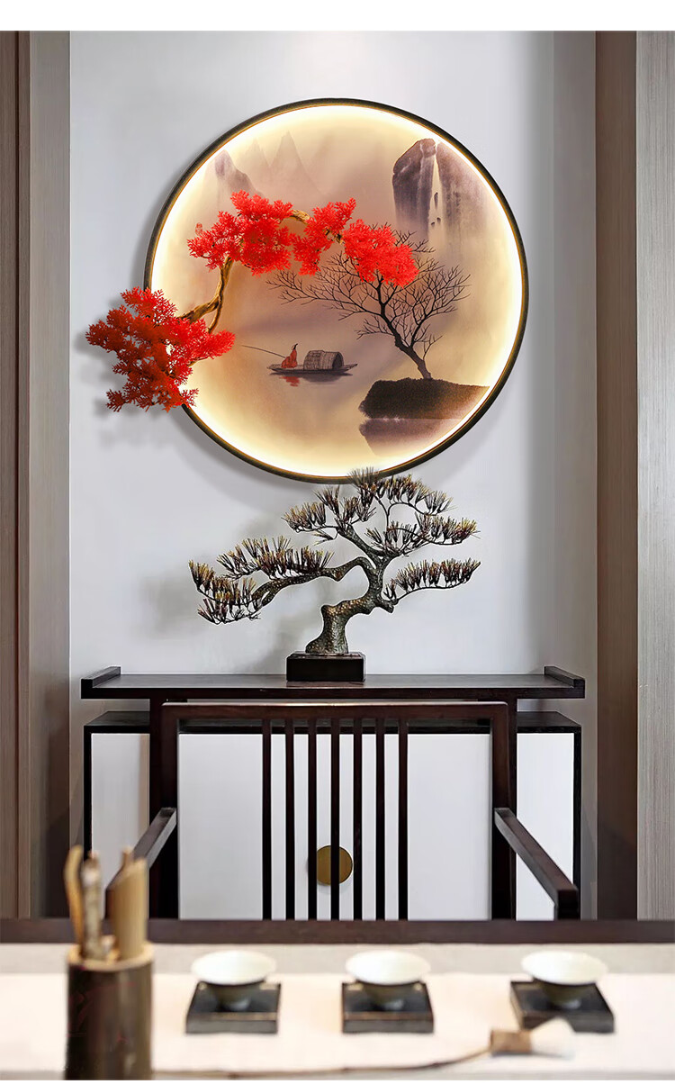 2021新款新中式圆形壁挂实木迎客松挂件创意背景墙面客厅玄关装饰画品