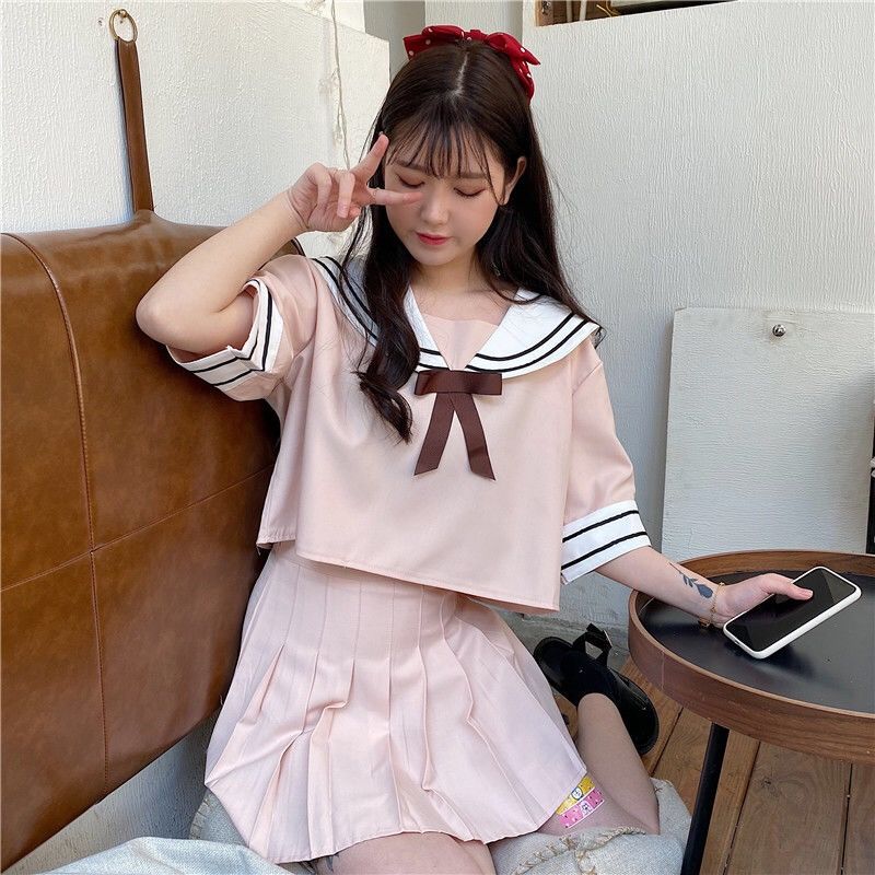 两装夏季jk制服女学生百褶短裙学院风校服日系短款水手服zop杏色上衣